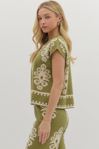 Damask Olive Knit Top
