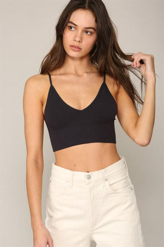 V Crop Black Ribbed Brami