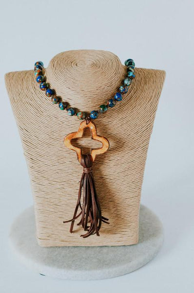 Aqua Terry Jasper Pearl Knotted Tassel Necklace