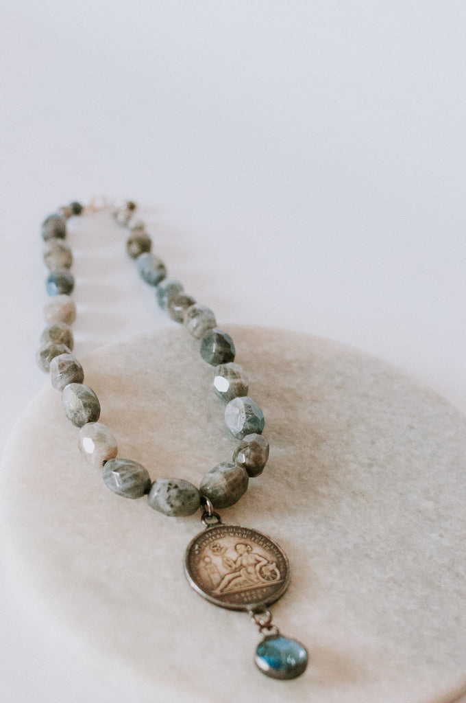 Pearl Knotted Labradorite Coin Necklace*