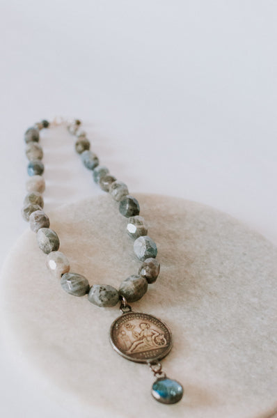 Pearl Knotted Labradorite Coin Necklace*