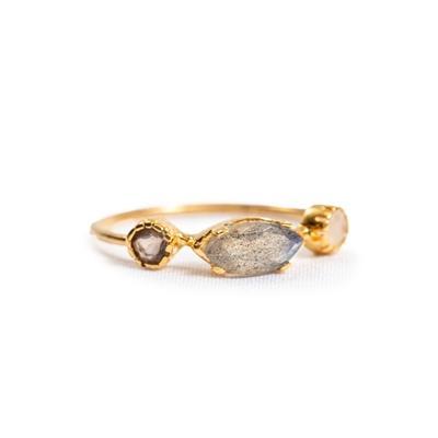 Rainbow Moonstone Lab & Smoky Quartz Ring (Gold Plated)